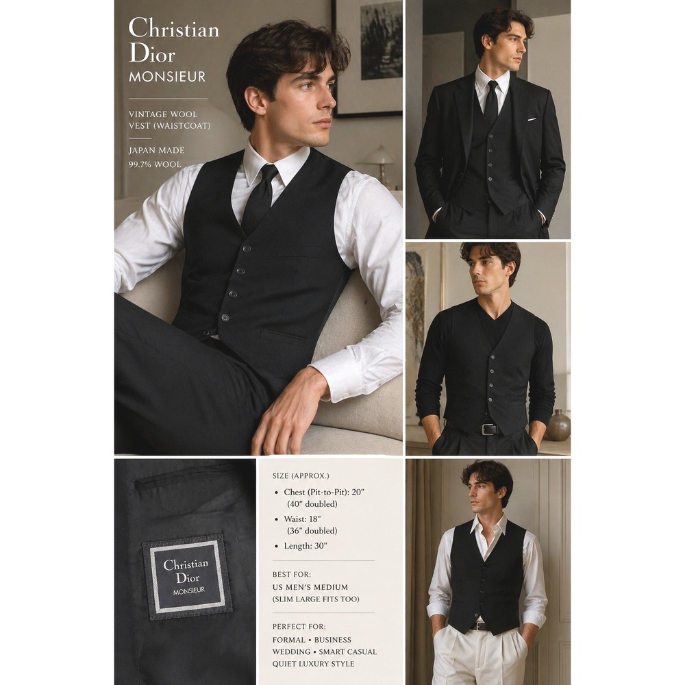 Christian Dior Monsieur Black‎ Wool Blazer Vest Set Vintage Japan Sz M 40 Chest